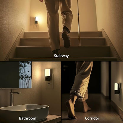 Plug-in LED Rotatable Night Light with Motion Sensor, Dimmable Backlit Nightlight with 1-150lm Adjustable Brightness for Bathroom, Bedroom, Hallway, Stairs, 2 Pack