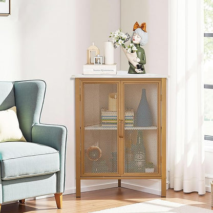 VECELO 3-Tier Corner Table,Cabinet with Mesh Door,Corner Shelf Stand,Metal Frame Storage Shelf Organizer Display Shelves for Wall Corner,Living Room,Bedroom Kitchen,Bathroom