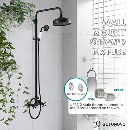 gotonovo Exposed Shower Faucet Set Luxury,Matte Black,Straight Rod | Bathroom 8” Shower Head with Handheld Spray System Fixtures,Vintage Two Cross Handle,Wall Mount,for 5-6.7" Hole,Adjust Height