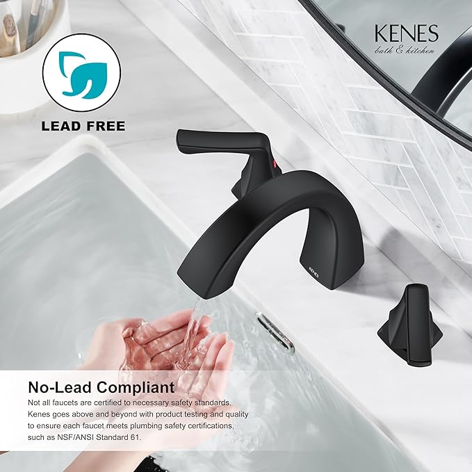 KENES Black Bathroom Faucets for Sink 3 Hole, Matte Black 8 Inch 2 Handle Widespread Bathroom Faucet, Bathroom Vanity Faucet with Pop Up Drain & Supply Lines, LJ-9075-2