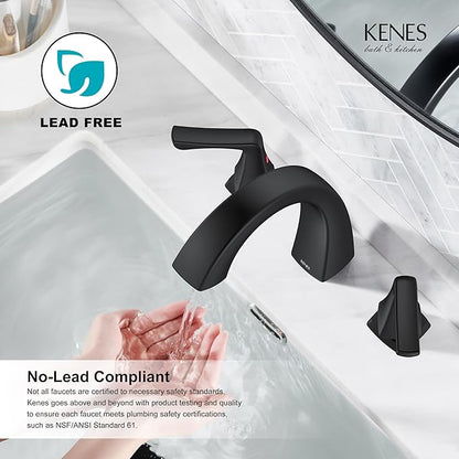 KENES Black Bathroom Faucets for Sink 3 Hole, Matte Black 8 Inch 2 Handle Widespread Bathroom Faucet, Bathroom Vanity Faucet with Pop Up Drain & Supply Lines, LJ-9075-2