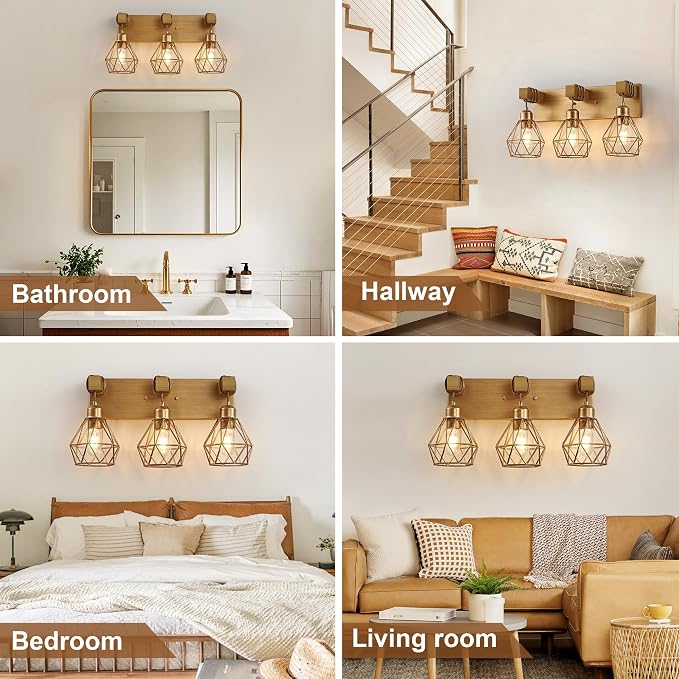 VbiTmn Bathroom Light Fixtures, 3 Light Brushed Gold Wood Vanity Lights | Farmhouse Design, Diamond Metal Shades, Easy to Install, Wall Sconces for Bathroom, Bedroom, Makeup Area, Over Vanity Mirror