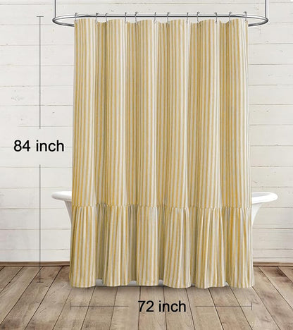 Farmhouse Shower Curtain Ruffle Linen Cream-Yellow Stripe 72"W x 84"L | Farmhouse Boho, Striped, Bottom Ruffle, Linen Fabric, Rustic, Country, Natural Look, Washable, for Bathroom Bathtub