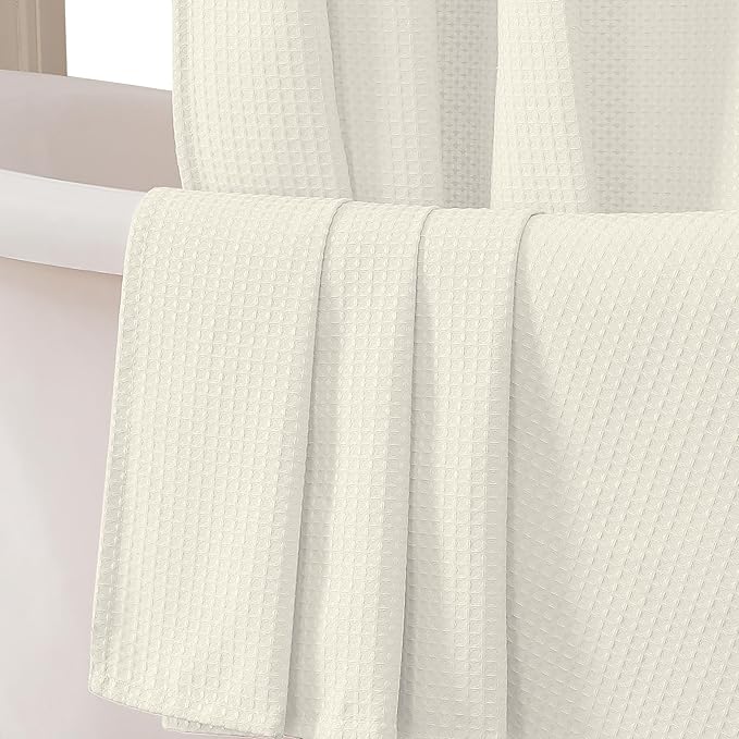 Cream Shower Curtain Set, Waffle Textured Heavy Duty Fabric Shower Curtain for Bathroom, Luxury Hotel Weighted 230GSM Bath Curtain with 12 Plastic Hooks, Machine Washable, 72x72