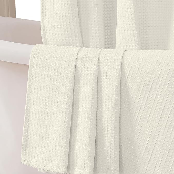 Extra Long Shower Curtain Set- 96 Inch Long Waffle Weave Heavy Duty Fabric Shower Curtains for Bathroom, Luxury Heavy Duty Thick Cloth Shower Curtain with 12 Plastic Hooks, 72x96, Cream