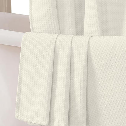 Extra Long Shower Curtain Set - 84 Inch Long Waffle Weave Heavy Duty Cloth Shower Curtain for Bathroom, Luxury Weighted 230GSM Bath Curtain Set with 12 Plastic Hooks, 72x84, Cream