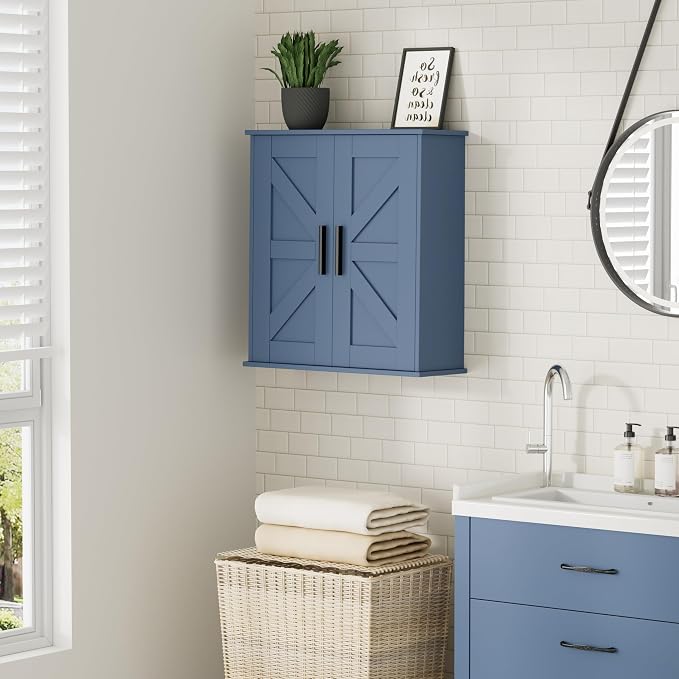 Homleke Bathroom Wall Cabinet, Medicine Cabinet with Adjustable Shelves | 3-Tier Wall Mounted Over Toilet Storage with Barn Doors, for Bathroom, Kitchen, Entryway, Laundry Room, Blue, (7.9" D)