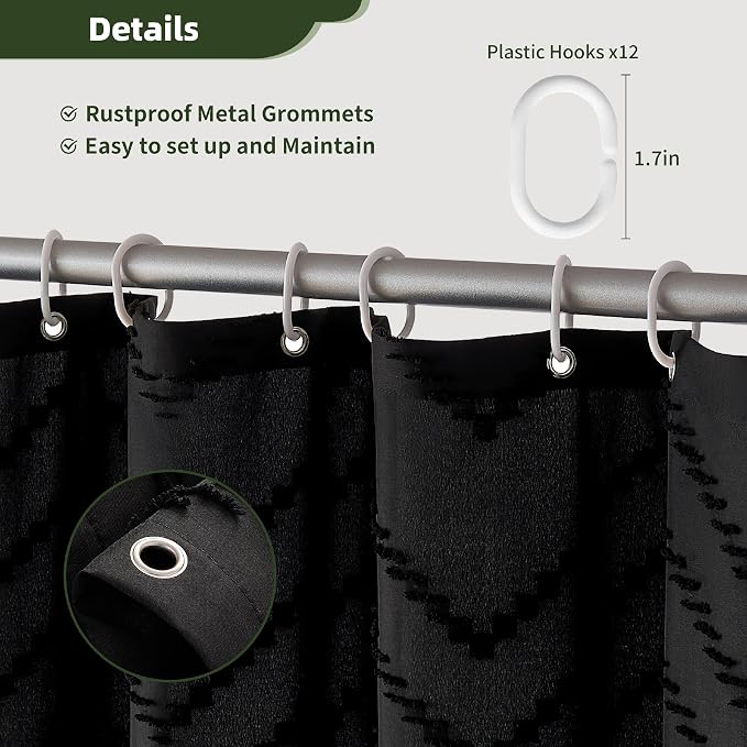 Siiluminisoy Extra Long Black Boho Chevron Shower Curtain with Tassel, Woven Fabric Shower Curtain, 72 x 96, Tufted Striped, Modern Chic Textured Shower Curtain Set Minimalist Bathroom Decor