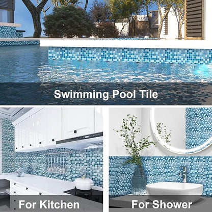 LSDECO 5 Sheets Glass Mosaic Tiles Backsplash, Pool Tiles, 12" x 12" Kitchen Backsplash Tile, Glass Tiles for Bathroom Border Shower Wall (5 Sq.Ft Azure)