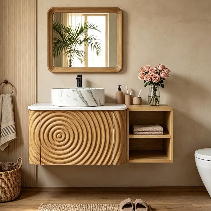 36" Floating Bathroom Vanity with Sink, Mid-Century Wall Mounted Bathroom Vanity Cabinet with Wood Waved Decor,Marble Ceramic Basin and Sintered Stone Top, Soft Close Drawer, Side Open Cube