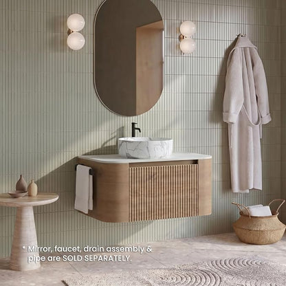 30" Preassembled Floating Bathroom Vanity with Carrara Finish Sink, Oak | Mid-Century Modern Style, Fluted & Soft-Close Drawer with U-shaped Wall, Sinterted Stone Countertop, Towel Rack Included