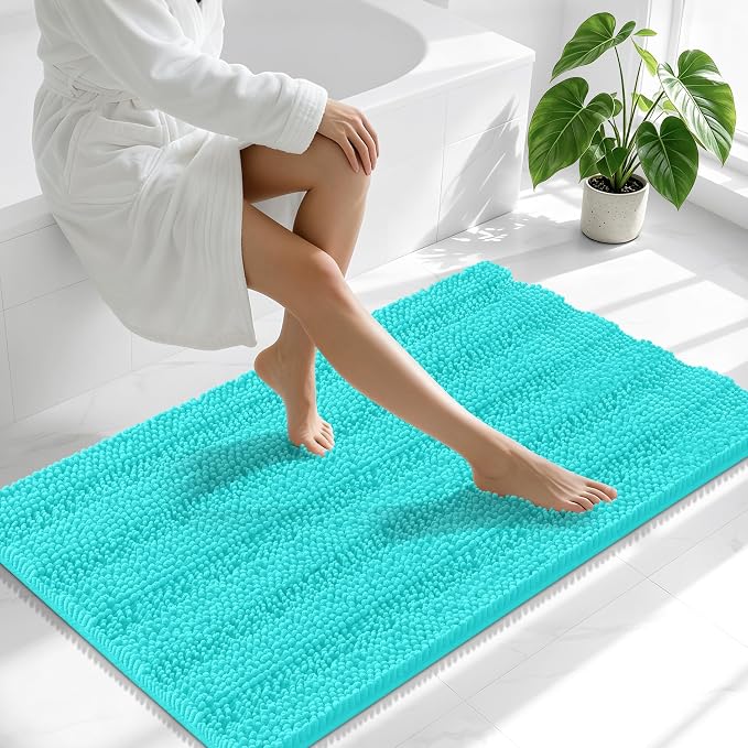 Smiry Thick Chenille Bathroom Runner Rugs 47x17, Absorbent Bath Mat, Teal | Quick‑Dry & Machine Washable, Non‑Slip Bath Carpet, Soft Striped Bath Rugs for Tub & Shower, Modern Home Decor Accessories