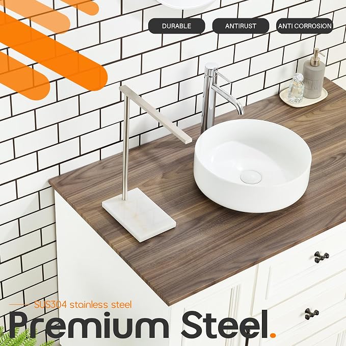 Standing Towel Rack Brushed Nickel 1-Tier Towel Bar for Bathroom Vanity Countertop with Heavy Marble Base Thicken Steady, Stainless Steel AN7002BR