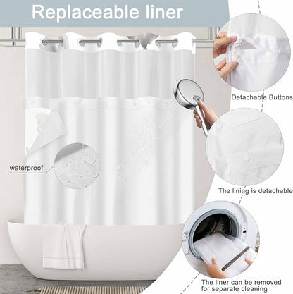 No Hook Shower Curtain and Liner Set, Blue Grey Boho Floral 71x74 | Watercolor Boho Flower, with Snap in Liner, Mesh Top Window, Waterproof, Machine Washable, Quick-Drying, for Hotel Bathroom
