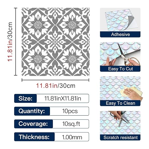 Gray White Floral Geometric Peel and Stick Floor Tiles 12x12 Inch 10PCS | Gray and white floral geometric pattern vinyl floor stickers for kitchen bathroom entryway and indoor home decor