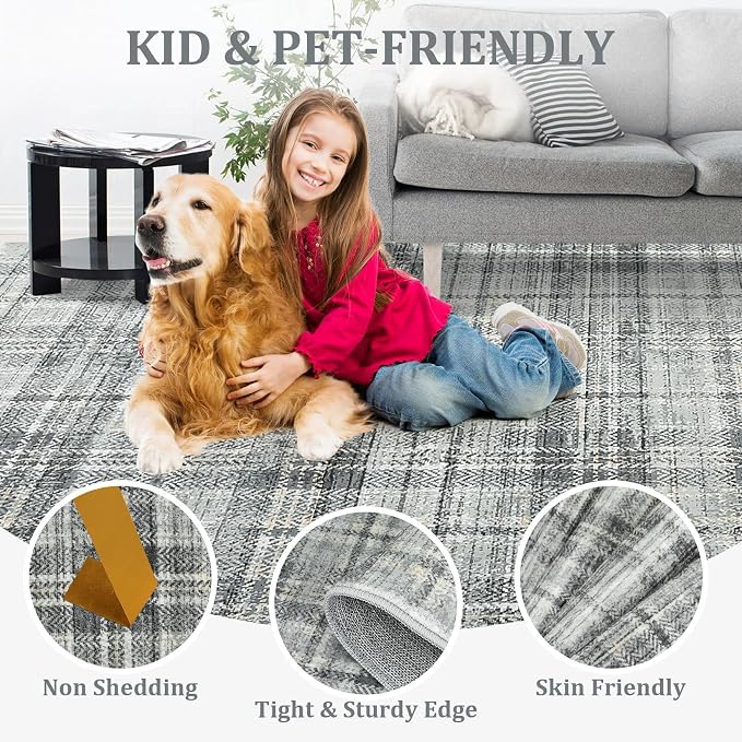 Tartan Plaid Washable Rug, Round Rugs 5ft Soft Modern Non Slip Circle Carpets for Bedroom Ultra-Thin, Boho Circular Carpet for Living Room Dorm Bedside Greyish Green