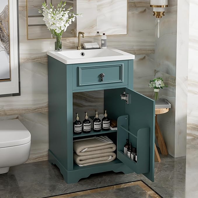 Merax Modern 20'' Bathroom Vanity with Single Sink Combo, Solid Wood Bathroom Storage Cabinet with Soft Close Door & Adjustable Shelf, Freestanding Vanities Set with Door-Mounted Storage Rack, Green