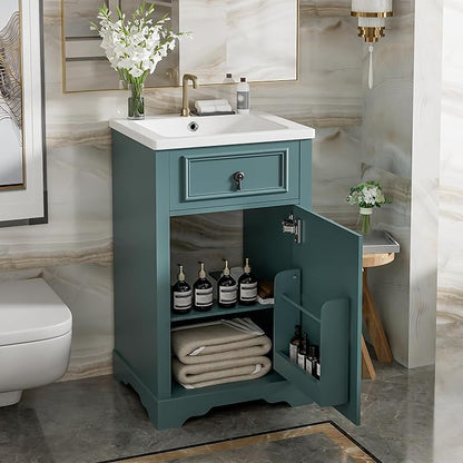 Merax Modern 20'' Bathroom Vanity with Single Sink Combo, Solid Wood Bathroom Storage Cabinet with Soft Close Door & Adjustable Shelf, Freestanding Vanities Set with Door-Mounted Storage Rack, Green