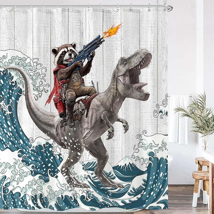 Funny Raccoon Dinosaur Shower Curtain 84 Inch Extra Long Fun Cool Animal Japanese Ocean Wave Shower Curtains for Bathroom Kids Unique Waterproof Fabric Rustic Wooden Farmhouse Bath Curtain Decor