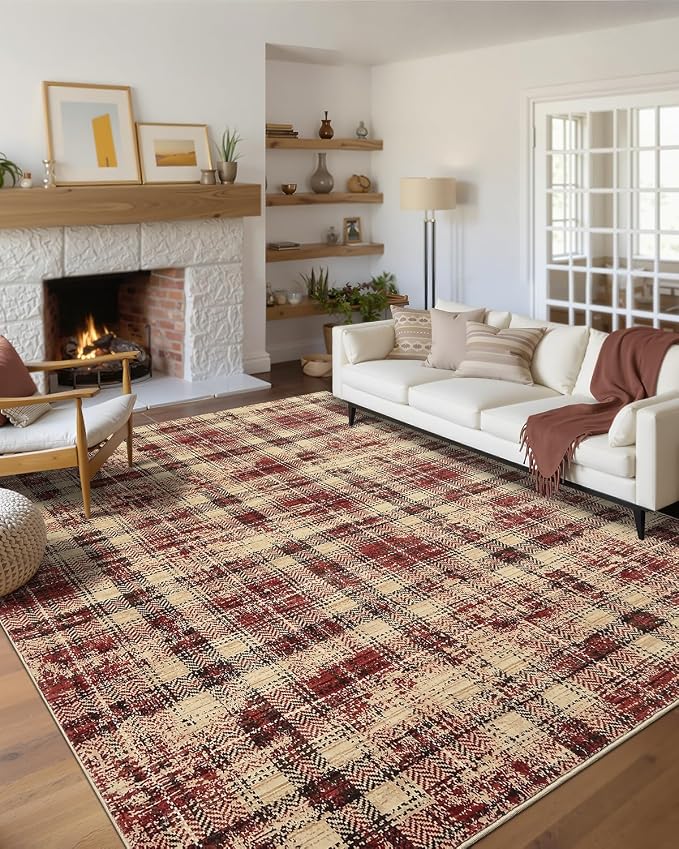 Living Room Area Rug 6x9 Washable Rugs Soft Bedroom Rug Farmhouse Large Area Rug Non Slip Throw Rugs Modern Low Pile Non Shedding Stain Resistant Carpet for Dining Room Classroom 6'x9' Red