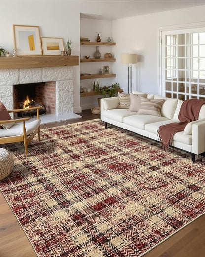 Living Room Area Rug 6x9 Washable Rugs Soft Bedroom Rug Farmhouse Large Area Rug Non Slip Throw Rugs Modern Low Pile Non Shedding Stain Resistant Carpet for Dining Room Classroom 6'x9' Red