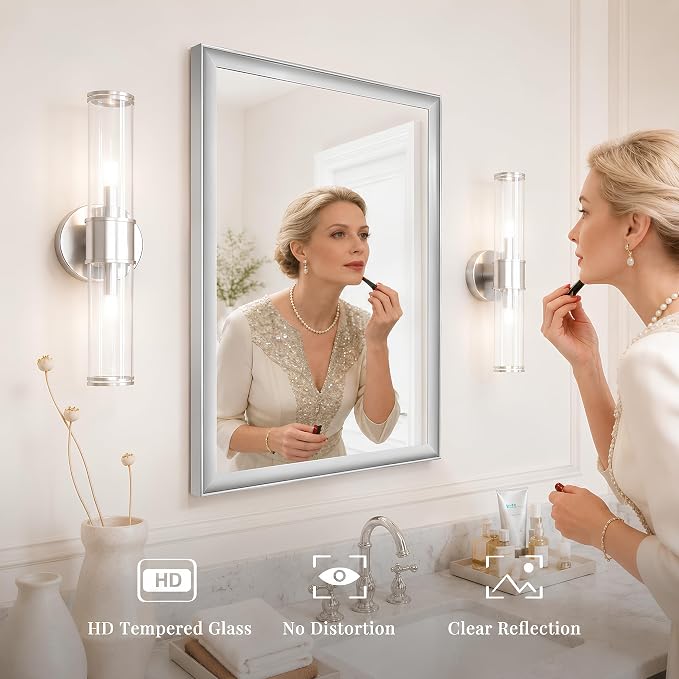 Brushed Nickel Bathroom Mirrors for Over Sink 22x30 Inch | Curved Aluminum Frame Rectangle Vanity Mirror for Bedroom Entryway, HD Tempered Glass, Anti-Rust, Horizontal or Vertical