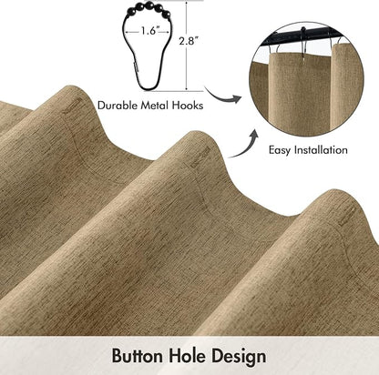 ANRODUO Khaki Linen Textured Fabric Shower Curtain Set - W72xL72 | Farmhouse Shower Curtain with 12 Metal Hooks, Waterproof Heavy Duty, Button Hole Design, Machine Washable for Bathroom