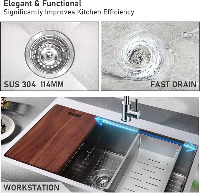 Drop-in Kitchen Sink 33"x22" Workstation:3D Micro-pebble Embossed | 18-Gauge Stainless Steel Sink, 9" Deep, Top Mount, Scratch-Resistant Embossed Surface, for Large Families