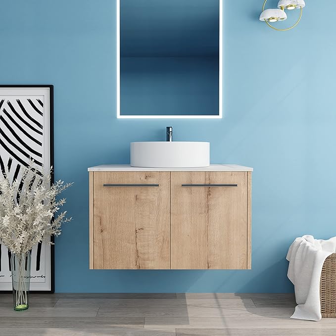 30" Floating Vanity with Sink, 30 Inch Bathroom Vanity with Sink, Modern Plywood Floating Cabinet with Sintered Stone Countertop and White Ceramic Basin, Soft Close Doors