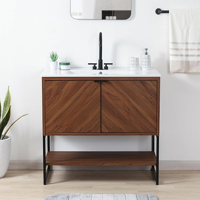 JONATHAN Y VAN1015B Juhl 35 in. W x 18 in. D x 33 in. H Chevron-Front Modern Minimalist 2-Shelf Bathroom Vanity Cabinet Only with Soft Closing Doors (Sink Basin Not Included), Walnut
