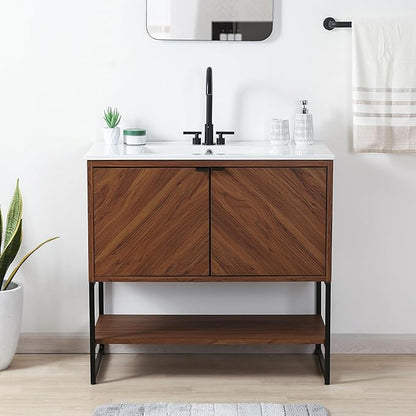 JONATHAN Y VAN1015B Juhl 35 in. W x 18 in. D x 33 in. H Chevron-Front Modern Minimalist 2-Shelf Bathroom Vanity Cabinet Only with Soft Closing Doors (Sink Basin Not Included), Walnut