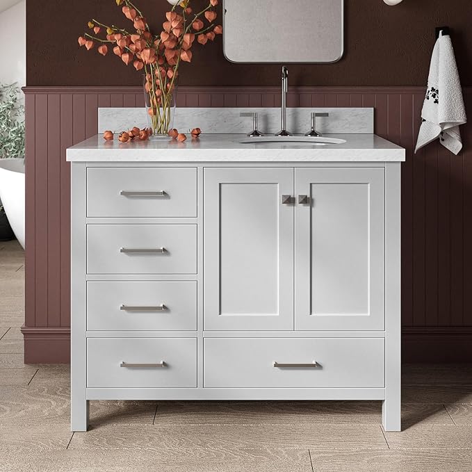 ARIEL Cambridge 42-inch Bathroom Vanity with Sink,Solid Wood, 1.5-inch Italian Carrara Marble Countertop & Backsplash, Single Oval Porcelain Sink, 2 Soft Closing Doors, 5 Dovetail Drawers, Grey