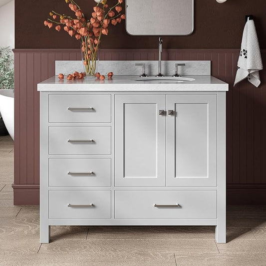 ARIEL Cambridge 42-inch Bathroom Vanity with Sink,Solid Wood, 1.5-inch Italian Carrara Marble Countertop & Backsplash, Single Oval Porcelain Sink, 2 Soft Closing Doors, 5 Dovetail Drawers, Grey