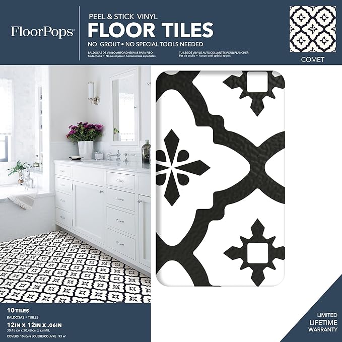 FloorPops FP2480 Comet Peel & Stick Floor Tiles, Black (Pack of 2)