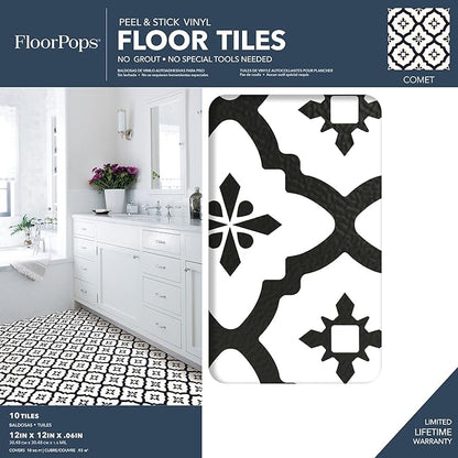 FloorPops FP2480 Comet Peel & Stick Floor Tiles, Black (Pack of 2)