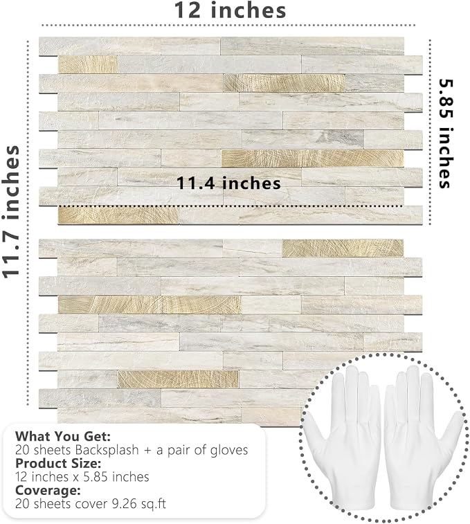 STICKGOO 20 Sheets Peel and Stick Backsplash Tile, Stick on Backsplash for Kitchen and Bathroom, Sunny Beige Look PVC Mixed Metal Gold Self Adhesive Wall Tiles