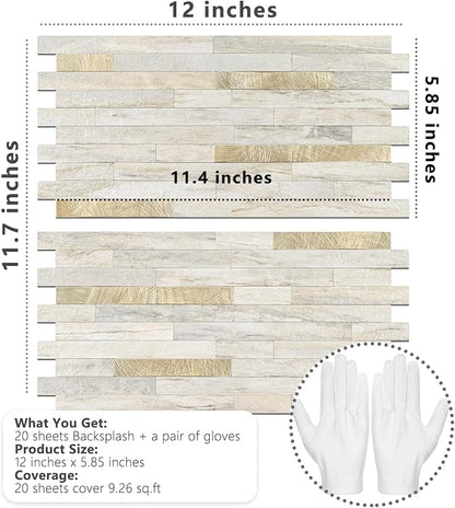 STICKGOO 20 Sheets Peel and Stick Backsplash Tile, Stick on Backsplash for Kitchen and Bathroom, Sunny Beige Look PVC Mixed Metal Gold Self Adhesive Wall Tiles