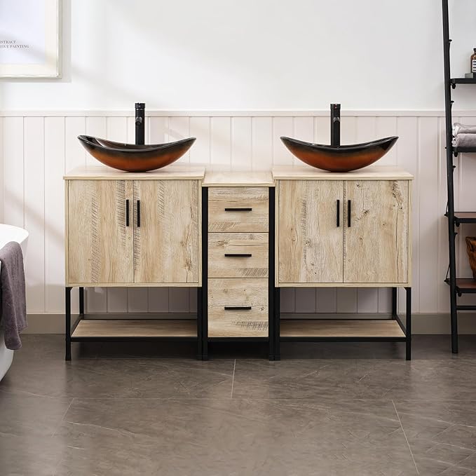 UEV Rustic Oak 60" Double Bathroom Vanity with Sink Combo,Industrial Iron Frame 2 Main Bathroom Vanity with Middle 3 Drawers Cabinet,Modern Brown Boat Tempered Glass Vessel Sink(029BR)
