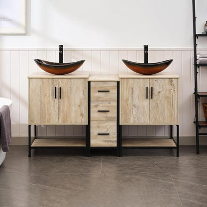UEV Rustic Oak 60" Double Bathroom Vanity with Sink Combo,Industrial Iron Frame 2 Main Bathroom Vanity with Middle 3 Drawers Cabinet,Modern Brown Boat Tempered Glass Vessel Sink(029BR)