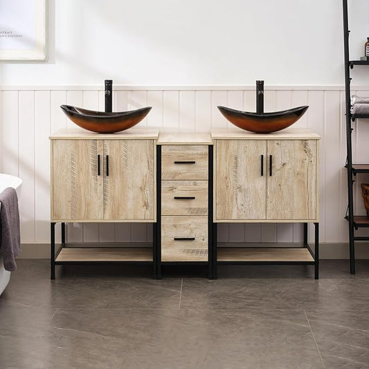 UEV Rustic Oak 60" Double Bathroom Vanity with Sink Combo,Industrial Iron Frame 2 Main Bathroom Vanity with Middle 3 Drawers Cabinet,Modern Brown Boat Tempered Glass Vessel Sink(029BR)