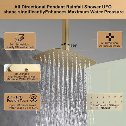 Brushed Gold Rainfall Shower System with Push-Button Diverter, Square UFO Rain Shower Trim Kit for Ceiling and Wall Mount, 2-Function Handheld Shower, Rough-in Valve, and Shower Faucet Set