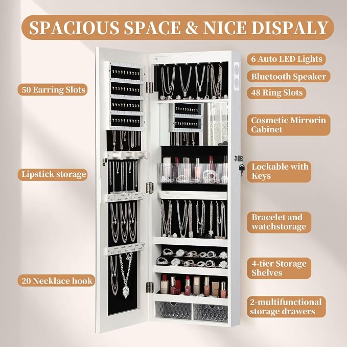 LED Mirror Jewelry Cabinet, Bluetooth Speaker, Full Length Mirror, White | Touch Screen, Defogging, Color Temperature & Timer Control; Lockable Storage with 2 Drawers; Wall or Door Mounted; 42.2" Tall