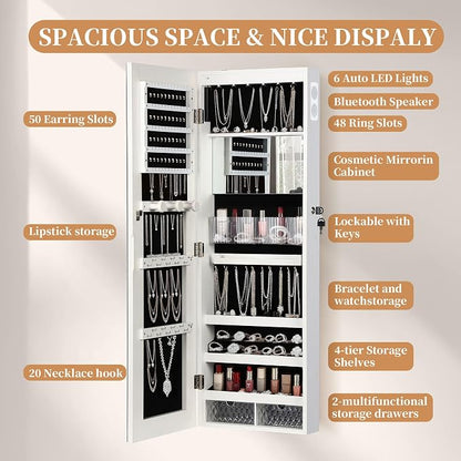 LED Mirror Jewelry Cabinet, Bluetooth Speaker, Full Length Mirror, White | Touch Screen, Defogging, Color Temperature & Timer Control; Lockable Storage with 2 Drawers; Wall or Door Mounted; 42.2" Tall