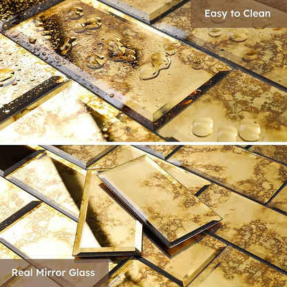 Peel and Stick Mirror Subway Tiles, Gold Antique, 3x6 Inch, 5 Sq.ft | Beveled Mirror Glass Subway Backsplash for Kitchen Bar Bathroom Wall Tile