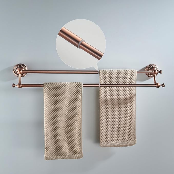 Red Copper Double Towel Bar, Adjustable 15.5 to 27.5 Inch Bath Towel Rack for Bathroom Towel Holder, Wall Mounted Black Bathroom Hardware Accessories,Pattern Carving Design