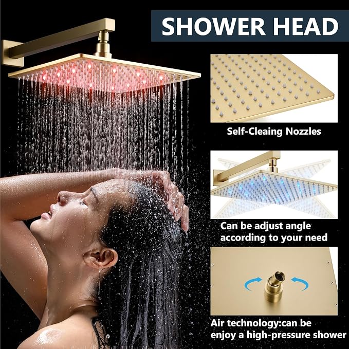 Aolemi Shower Faucet Set with Valve Handheld 12" LED Head Brushed Gold | Handheld Spray,12 Inch Rain LED Head,Valve and Trim Kit,All Metal,Wall Mount Shower System,Bathroom Mixer