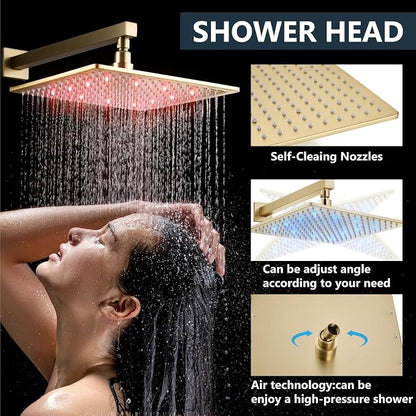 Aolemi Shower Faucet Set with Valve Handheld 12" LED Head Brushed Gold | Handheld Spray,12 Inch Rain LED Head,Valve and Trim Kit,All Metal,Wall Mount Shower System,Bathroom Mixer