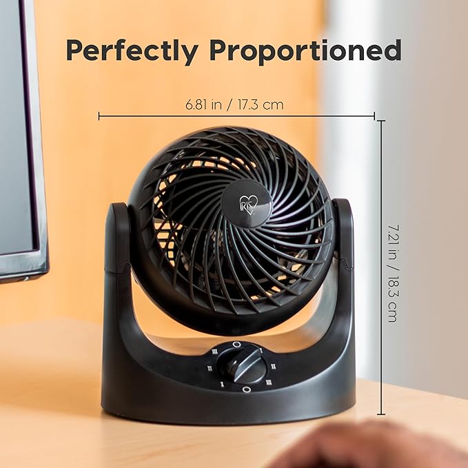 IRIS USA WOOZOO Small Desk Fan, Air Circulator, 3 Speeds, 32ft Max Air Distance, 120° Adjustable Tilt, 27.5db Quiet Motor, Small Fan for Bedroom, Office, Dorm, Black