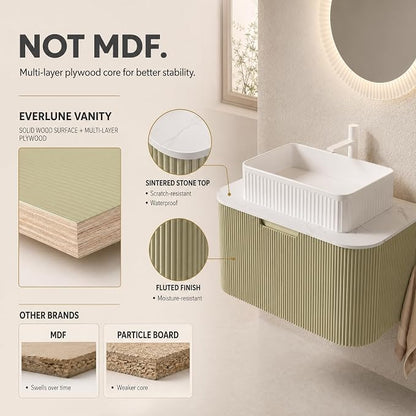 30 Inch Bathroom Vanity with Sink, Floating Wall Mounted Single Sink Vanity, Sage Green Curved Fluted Front, Stone Top, White Textured Rectangular Vessel Basin, Pre-Assembled