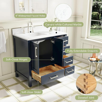 36-Inch Bathroom Vanity with Sink, 2 Soft-Close Doors and 5 Soft-Close Drawers, Bathroom Freestanding Vanity with Cultured Marble Countertop, Navy Blue Vanity with Brushed Nickel Handles